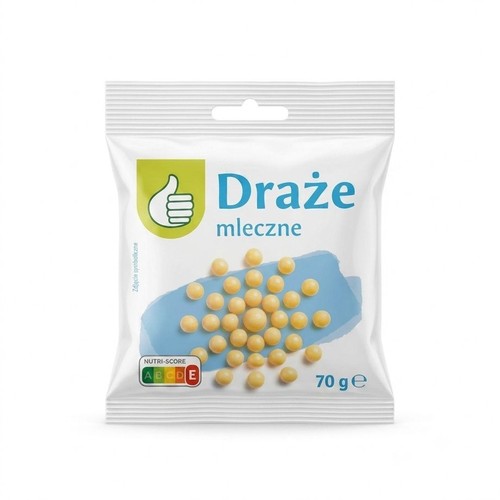 Produkt: Draże mleczne, 70 g. Opakowanie to biała torebka z nadrukiem. Na froncie widoczny jest zielony symbol kciuka w górę, napis "Draże mleczne" oraz grafika przedstawiająca żółte, okrągłe draże na błękitnym tle.