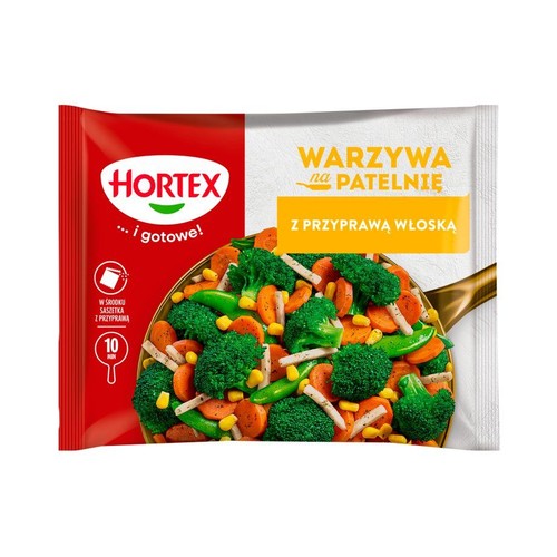 Hortex Warzywa na Patelnię z przyprawą włoską. Opakowanie z grafiką brokułów, marchewki, groszku i kukurydzy w patelni.