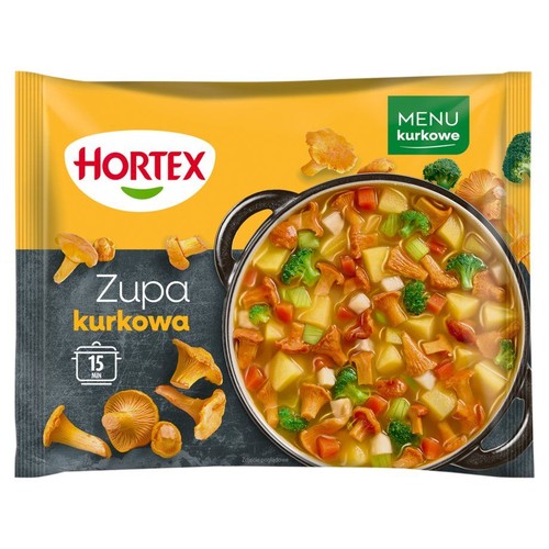 Żółte opakowanie Hortex Zupa kurkowa. Na grafice czarny garnek z zupą, kurkami, ziemniakami, brokułami i marchewką. Czas przygotowania 15 min.