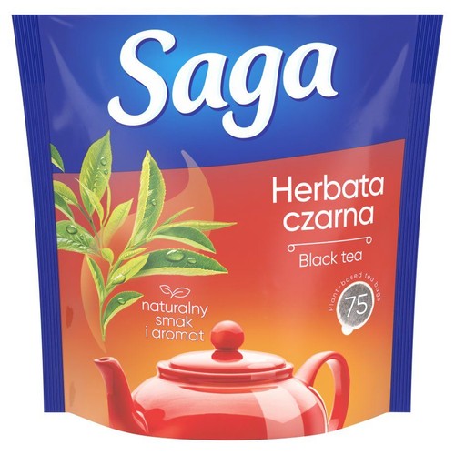 Saga Herbata czarna w torebkach, 75 sztuk. Niebiesko-pomarańczowa paczka z grafiką liści i napisem "naturalny smak i aromat".