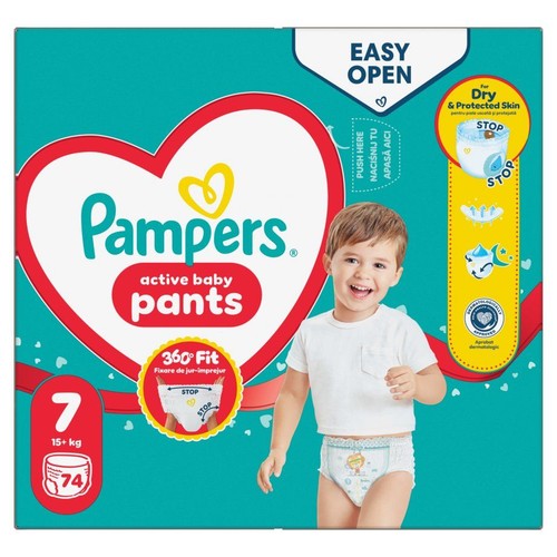 Pampers Active Baby Pants, rozmiar 7, 15+ kg, 74 sztuki. Opakowanie z uśmiechniętym dzieckiem.