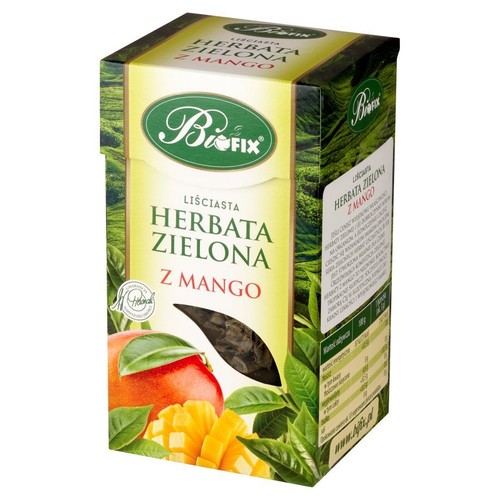 Opakowanie herbaty Biofix Liściasta Zielona z Mango, 100g. Zielono-żółte pudełko z grafiką owoców mango i widocznymi liśćmi herbaty.