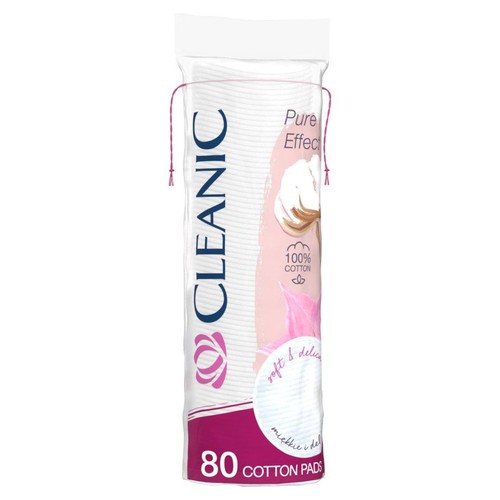 Opakowanie 80 płatków kosmetycznych Cleanic Pure Effect. Wykonane ze 100% bawełny, miękkie i delikatne.
