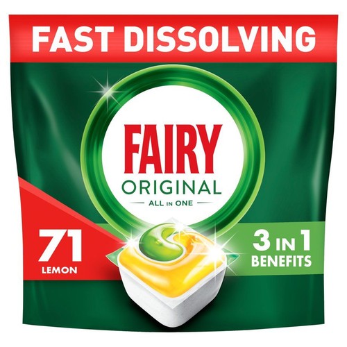 Opakowanie Fairy Original All in One, 71 szybko rozpuszczalnych tabletek do zmywarki o zapachu cytrynowym.