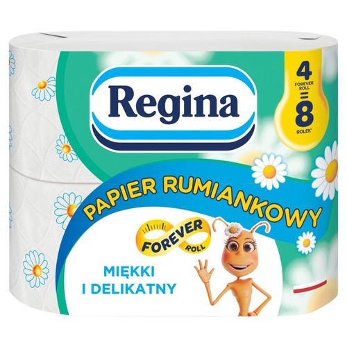 Opakowanie papieru toaletowego Regina Rumiankowy. Zawiera 4 rolki Forever Roll, co daje 8 standardowych rolek. Miękki.