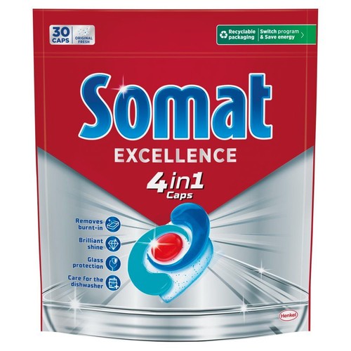 Opakowanie Somat Excellence 4in1 Caps do zmywarki, zawierające 30 kapsułek. Czerwono-srebrna torebka z grafiką kapsułki.