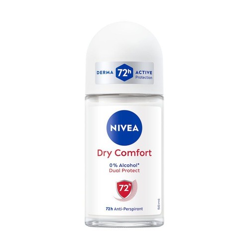 Antyperspirant Nivea Dry Comfort roll-on 50 ml. Przezroczysta butelka z białą nakrętką i etykietą z niebieskim logo.