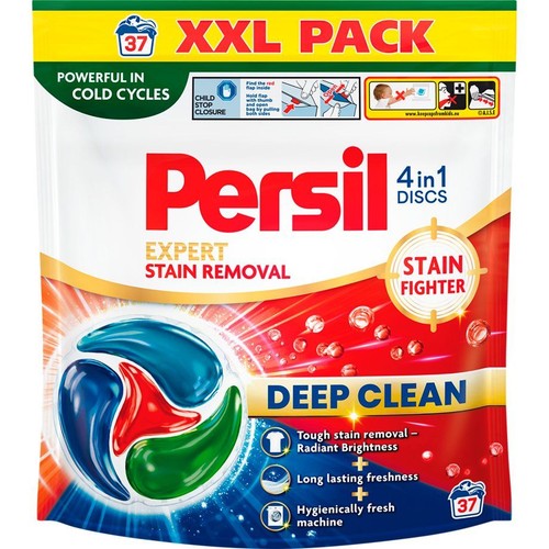 Opakowanie Persil 4w1 DISCS, 37 sztuk. Z zamknięciem bezpiecznym dla dzieci. Do usuwania plam i głębokiego czyszczenia.