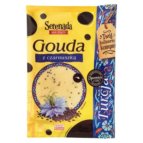 Opakowanie sera żółtego Serenada Gouda z czarnuszką. Produkt Polski.