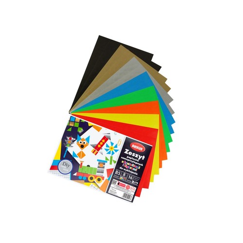 Produkt Rexus: zeszyt z 8 arkuszami papierów samoprzylepnych i brokatowych w 16 kolorach, format B5. Na opakowaniu grafika "Zrób to sam" z pociągiem i rakietą. Za opakowaniem widoczne rozłożone arkusze w intensywnych barwach, idealne do prac kreatywnych.