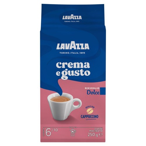 Niebiesko-różowe opakowanie kawy mielonej Lavazza Crema e Gusto, 250 g. Z grafiką filiżanki kawy.