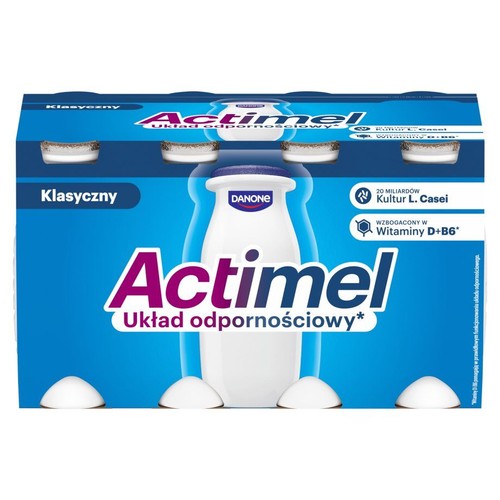 Opakowanie zbiorcze Actimel Klasyczny. Produkt wspiera układ odpornościowy, zawiera 20 miliardów kultur L. Casei oraz witaminy D+B6.