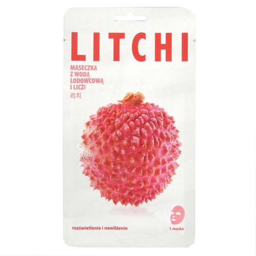 Biała saszetka maseczki do twarzy Litchi z grafiką owocu liczi. Maseczka z wodą lodowcową i liczi, rozświetla i nawilża. 1 maska.
