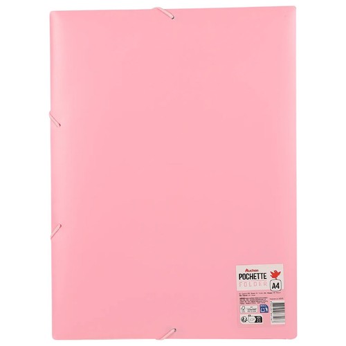Pionowy, jasnoróżowy folder na dokumenty formatu A4, marki Auchan. Posiada cztery elastyczne gumki w rogach, służące do zamykania. Na dole widoczna biała etykieta z logo Auchan, napisem "POCHETTE FOLDER" i kodem kreskowym.