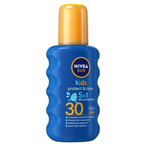 Krem przeciwsłoneczny Nivea Sun Kids Protect & Care 5w1, SPF 30. Niebieska butelka z żółtą nakrętką.