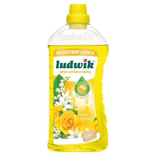 Ludwik płyn uniwersalny o intensywnym zapachu Letni Ogród. Żółta butelka z grafiką kwiatów. Butelka z 80% recyklingu.