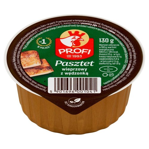 Profi Pasztet wieprzowy z wędzonką w brązowym, okrągłym kubeczku. Na zielono-brązowej etykiecie logo Profi z kogutem, nazwa produktu, waga 130 g oraz grafika dwóch kawałków pasztetu. Produkt bez konserwantów.