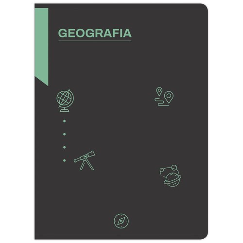 Ciemnoszara okładka zeszytu z napisem "GEOGRAFIA" w kolorze jasnozielonym. Poniżej napisu, wzdłuż lewej krawędzi, znajdują się zielone ikony: globus i teleskop. Po prawej stronie widoczne są ikony mapy, planety z pierścieniami i kompasu.