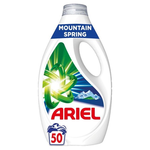Biała butelka płynu do prania Ariel Mountain Spring z zielonymi spiralami i górami. 50 prań.