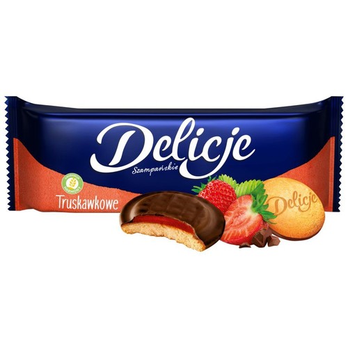 Biszkopty z galaretką truskawkową oblane czekoladą Delicje 147 g
