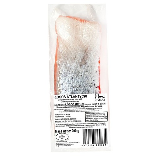 Myfood Łosoś atlantycki, filet ze skórą, 200 g. Produkt głęboko mrożony w przezroczystym opakowaniu.