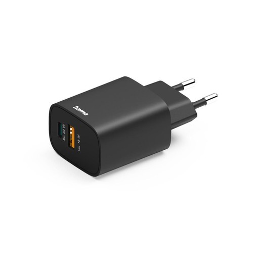 Ładowarka Hama, czarna, z wtyczką europejską, posiada porty USB 30W i 18W.