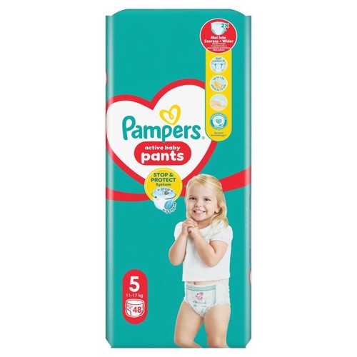 Pampers Active Baby Pants, rozmiar 5 (11-17 kg), 48 sztuk. Opakowanie z uśmiechniętym dzieckiem.