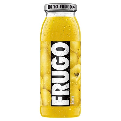 Żółty napój Frugo w szklanej butelce. Etykieta z grafiką żółtych owoców i napisem "FRUGO ŻÓŁTE". Srebrna zakrętka.