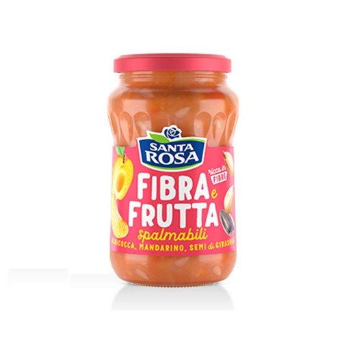 Produkt Santa Rosa Fibra e Frutta w szklanym słoiku z czerwoną zakrętką. Jest to smarowidło owocowe z błonnikiem, zawierające morelę, mandarynkę i nasiona słonecznika. Na różowo-niebieskiej etykiecie widnieją ilustracje tych składników.