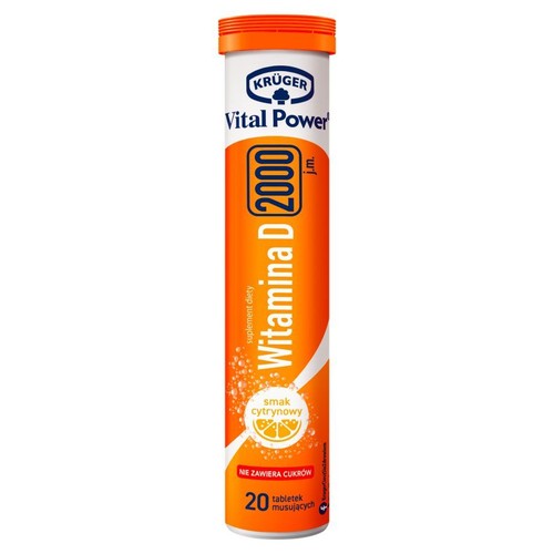 KRÜGER Vital Power Witamina D 2000 j.m., suplement diety w tubie. 20 tabletek musujących o smaku cytrynowym, bez cukru.