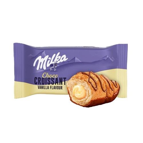 Opakowanie Milka Choco Croissant o smaku waniliowym. Obok rogalik z polewą czekoladową i waniliowym nadzieniem.
