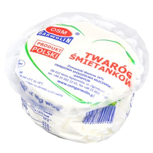 Twaróg śmietankowy OSM Garwolin, Produkt Polski. Okrągłe opakowanie z zawartością tłuszczu 16%.