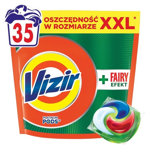 Opakowanie Vizir Platinum Pods 35 sztuk, z efektem Fairy. Pomarańczowo-zielona torba z grafiką kapsułki.