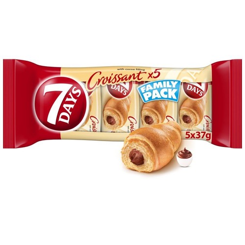 Opakowanie 7 Days Croissant z nadzieniem kakaowym, 5 sztuk po 37g. Obok jeden rogalik i miseczka kremu czekoladowego.