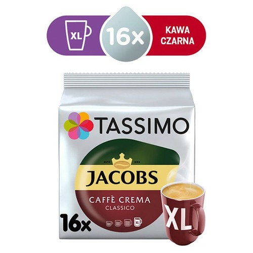 Kapsułki kawy czarnej Tassimo Jacobs Caffè Crema Classico, 16 sztuk w rozmiarze XL.