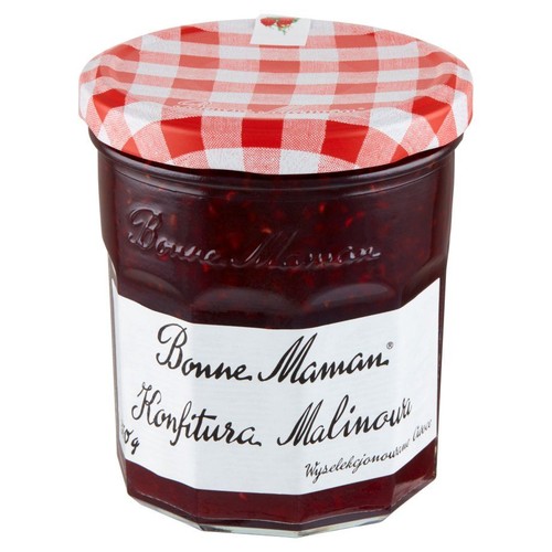 Konfitura malinowa Bonne Maman w szklanym słoiku. Wieczko w czerwoną kratkę. Etykieta z nazwą produktu.