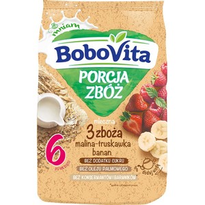 Porcja zbóż kaszka mleczna 3 zboża malina truskawka banan BoboVita 210 g