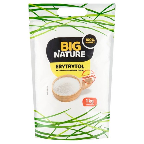 Biała torebka Big Nature Erytrytol, naturalny zamiennik cukru, 1 kg. Na opakowaniu grafika miski z erytrytolem.