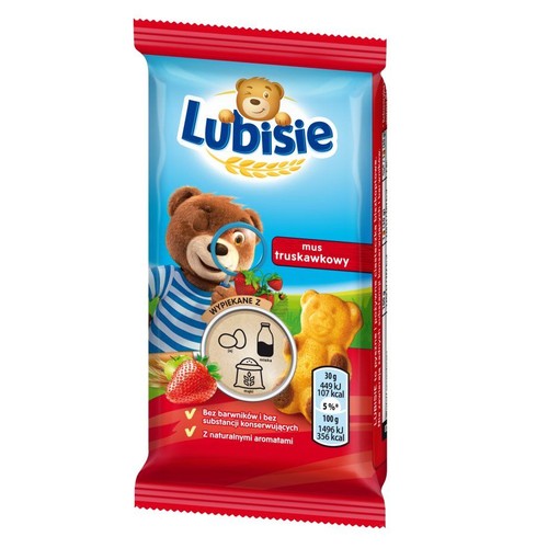 Opakowanie Lubisie, mus truskawkowy. Czerwono-niebieska paczka z misiem trzymającym lupę i biszkoptem w kształcie misia.
