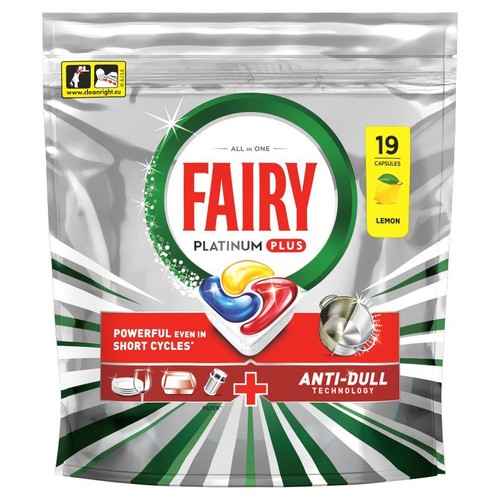 Opakowanie Fairy Platinum Plus All in One, 19 kapsułek do zmywarki o zapachu cytrynowym. Technologia Anti-Dull.