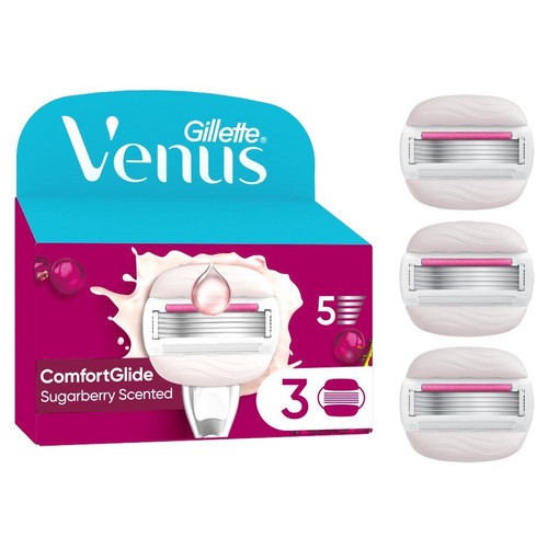 Opakowanie 3 wkładów Gillette Venus ComfortGlide Sugarberry Scented. Białe głowice z 5 ostrzami i różowym paskiem nawilżającym.