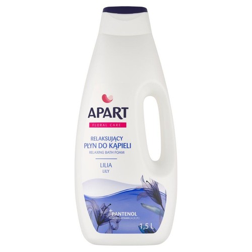 Biała butelka płynu do kąpieli Apart Floral Care Lilia, 1,5 litra. Relaksujący.