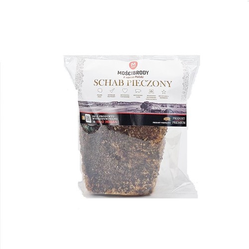 Mościbrody Schab Pieczony w przezroczystym opakowaniu. Produkt wieprzowy premium z serca Polski, bez glutenu, fosforanów, barwników, wzmacniaczy smaku i azotynu sodu. 100g produktu ze 100g mięsa.