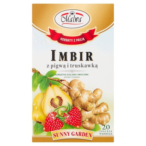 Biało-złote opakowanie herbaty Malwa "Herbaty z Pasją" o smaku imbiru z pigwą i truskawką. Produkt to aromatyzowana herbatka ziołowo-owocowa. Na froncie widnieje ilustracja korzeni imbiru, połówki pigwy oraz kilku czerwonych truskawek. W środku 20 torebek.