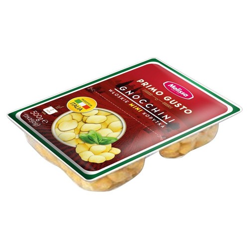 Włoskie mini kopytka gnocchi marki Melissa Primo Gusto, w opakowaniu 500g (2x250g). Produkt w przezroczystej tacce z czerwoną etykietą. Na etykiecie widnieje grafika gnocchi z zielonymi listkami bazylii oraz flaga Włoch.