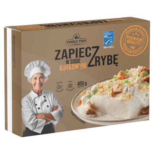 Brązowe pudełko Family Fish Zapiecz Rybę w Sosie Kurkowym, 400g. Z certyfikatem MSC. Widoczna propozycja podania dania.