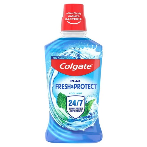 Płyn do płukania ust Colgate Plax Fresh & Protect o smaku chłodnej mięty. Butelka niebieska z czerwoną nakrętką.