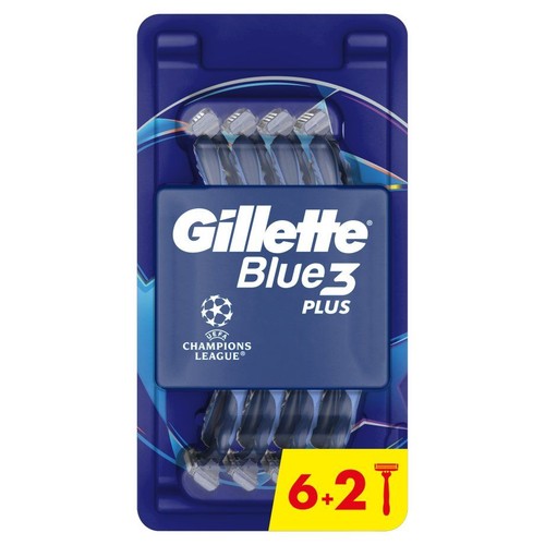 Niebieskie opakowanie maszynek Gillette Blue3 Plus, łącznie 8 sztuk. Edycja specjalna Ligi Mistrzów.