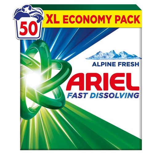 Opakowanie proszku do prania Ariel Alpine Fresh, szybko rozpuszczalny, 50 prań. Duże opakowanie ekonomiczne.