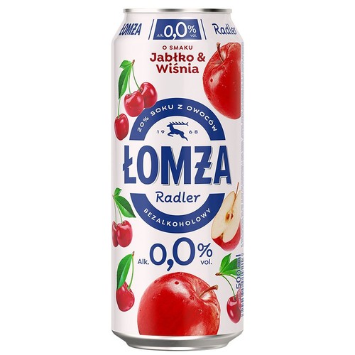Puszka Łomża Radler Bezalkoholowy o smaku jabłka i wiśni, 0,0% alkoholu, 500 ml. Na etykiecie grafiki jabłek i wiśni.
